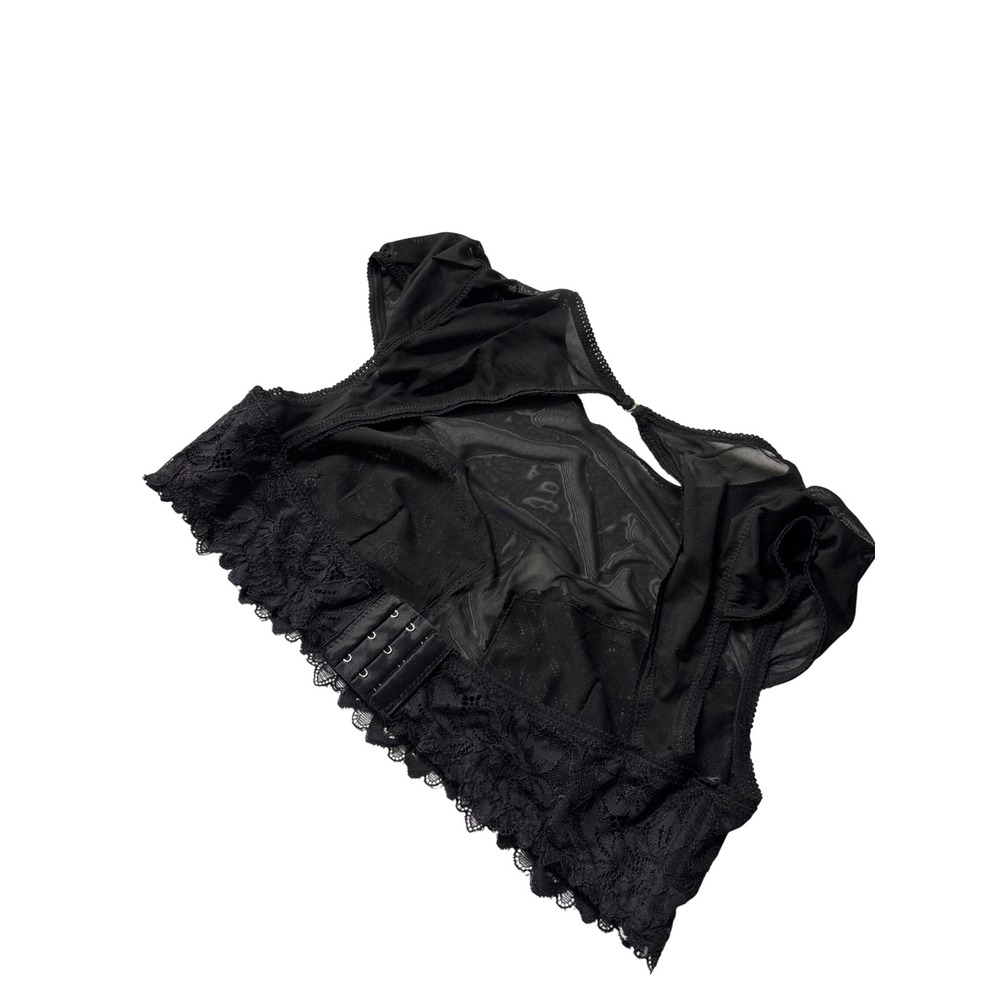 Black Lace Mesh Crop Top Short Puff Sleeve Hook Back Bralette Top - Picture 5 of 8